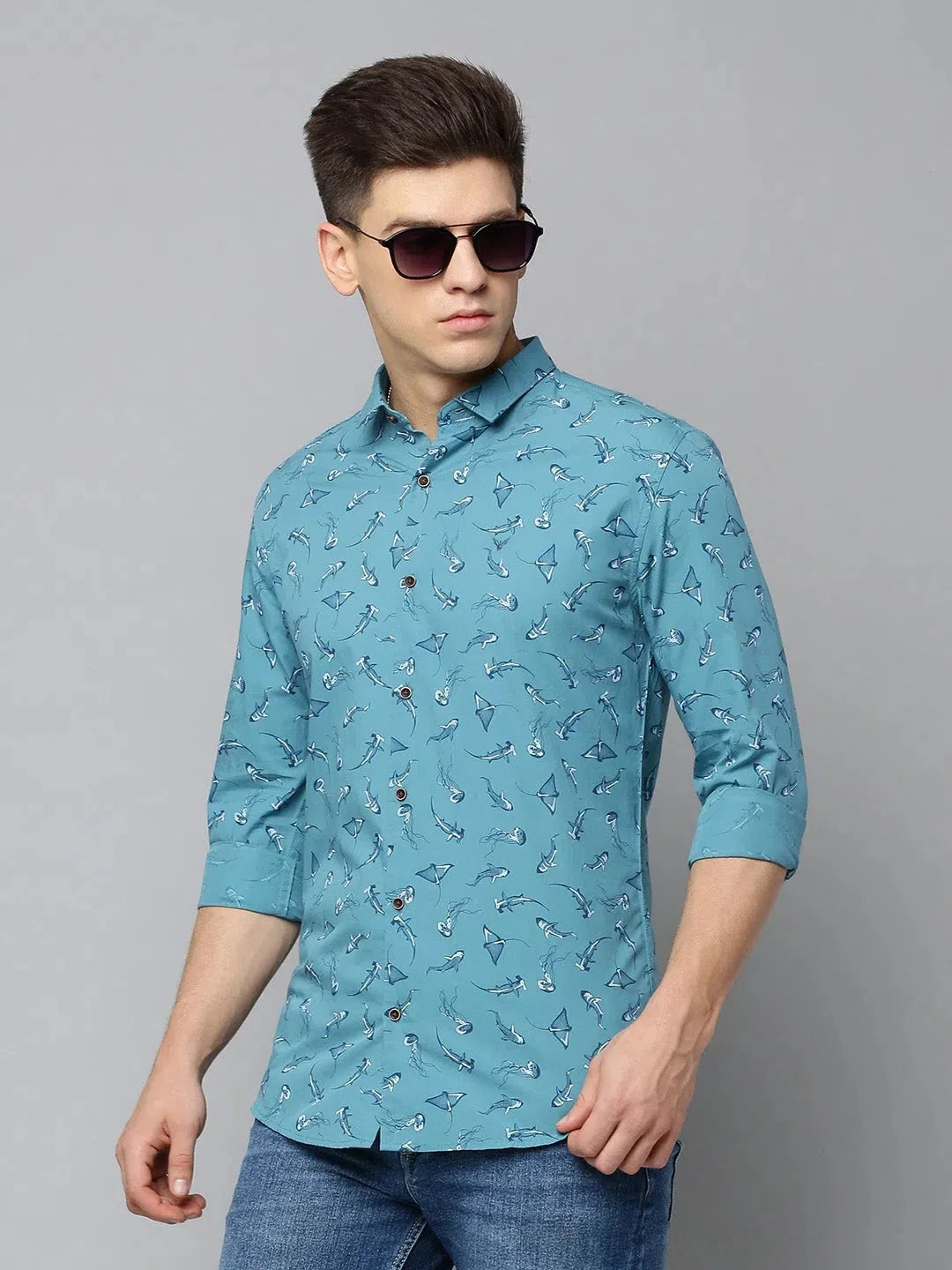 Blue Printed Cotton Shirt for Men - Casual Mens Shirt Style
