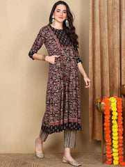 Women Beige Cotton Printed Anarkali Kurta Pant Set