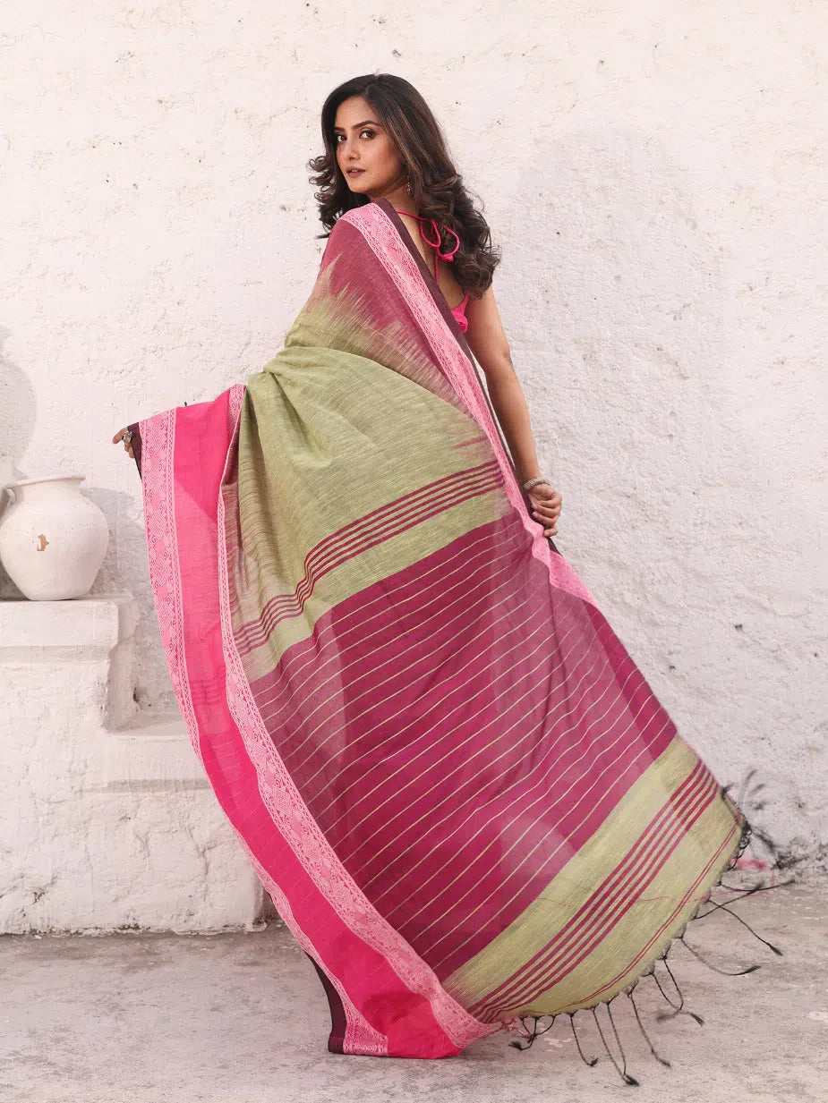 Olive Green Pure Cotton Ikkat Saree With Texture Border-MA54CT33500069