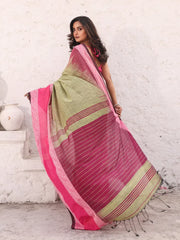 Olive Green Pure Cotton Ikkat Saree With Texture Border-MA54CT33500069