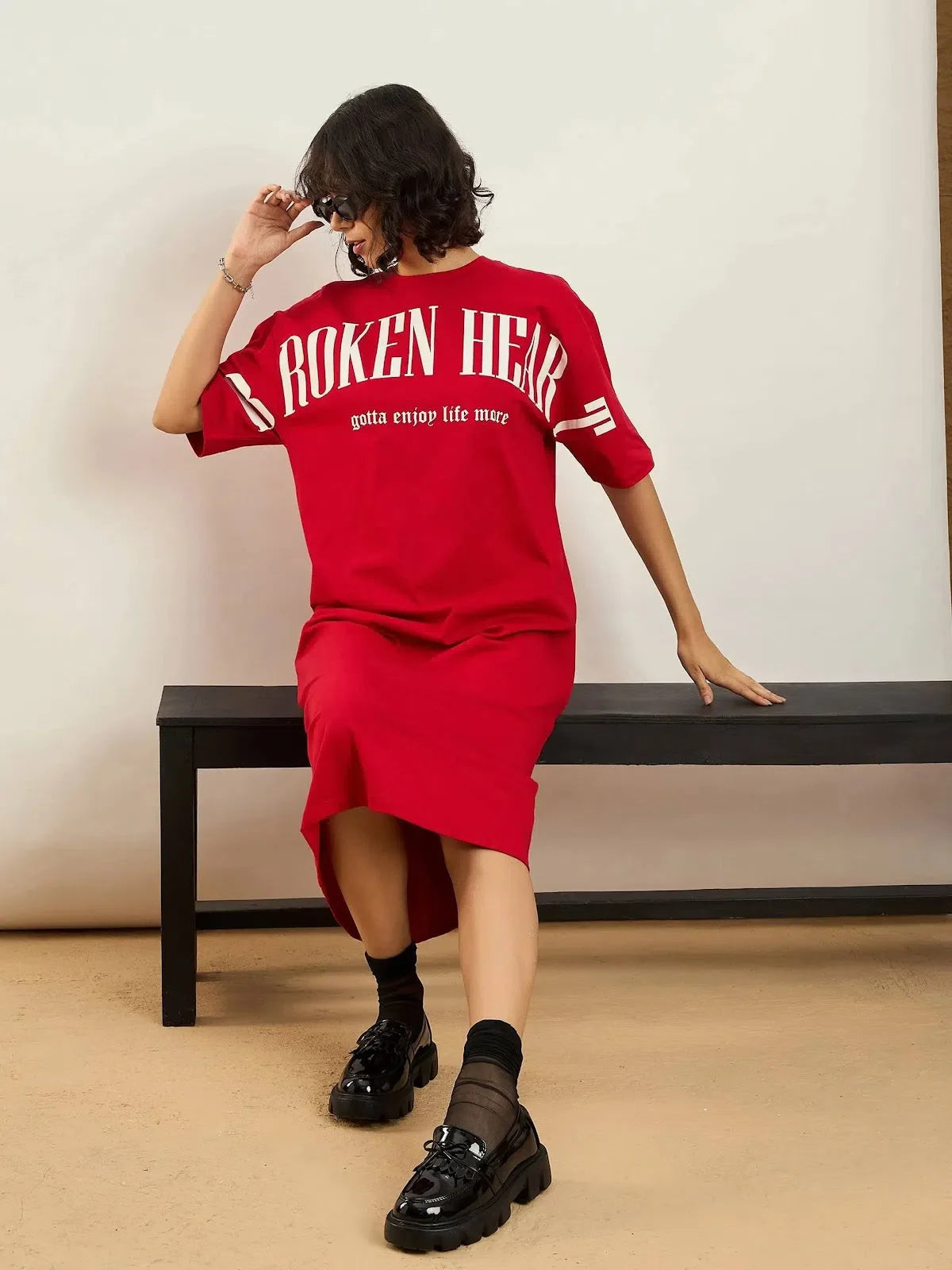Red Broken Heart Printed T-Shirt Dress | Women's Cotton