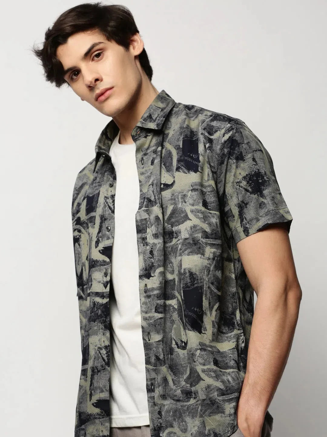Khaki Printed Mens Shirt - Abstract Cotton Casual Shirts