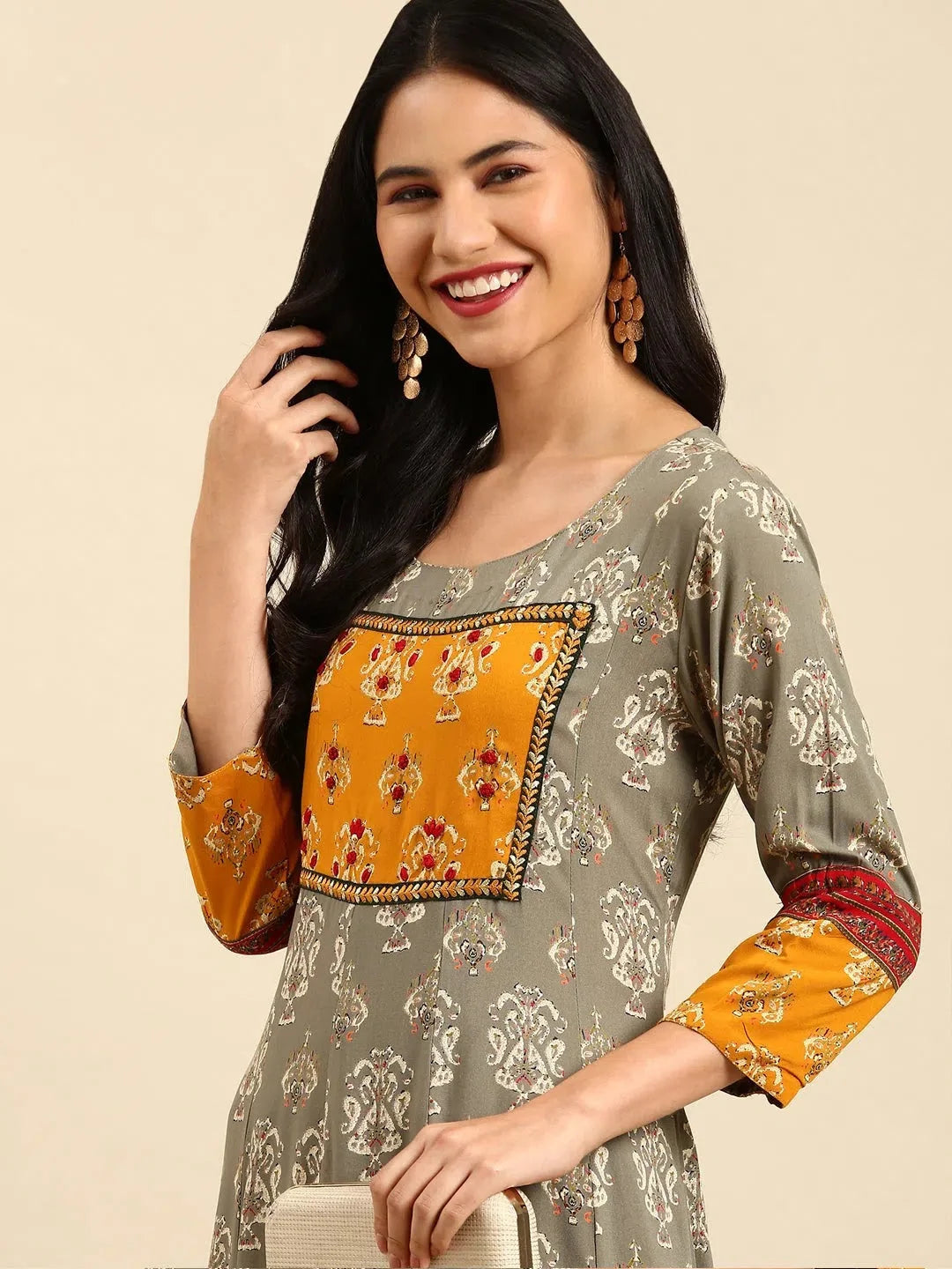 Grey Printed Anarkali Kurta - Women's Viscose Anarkali Kurti