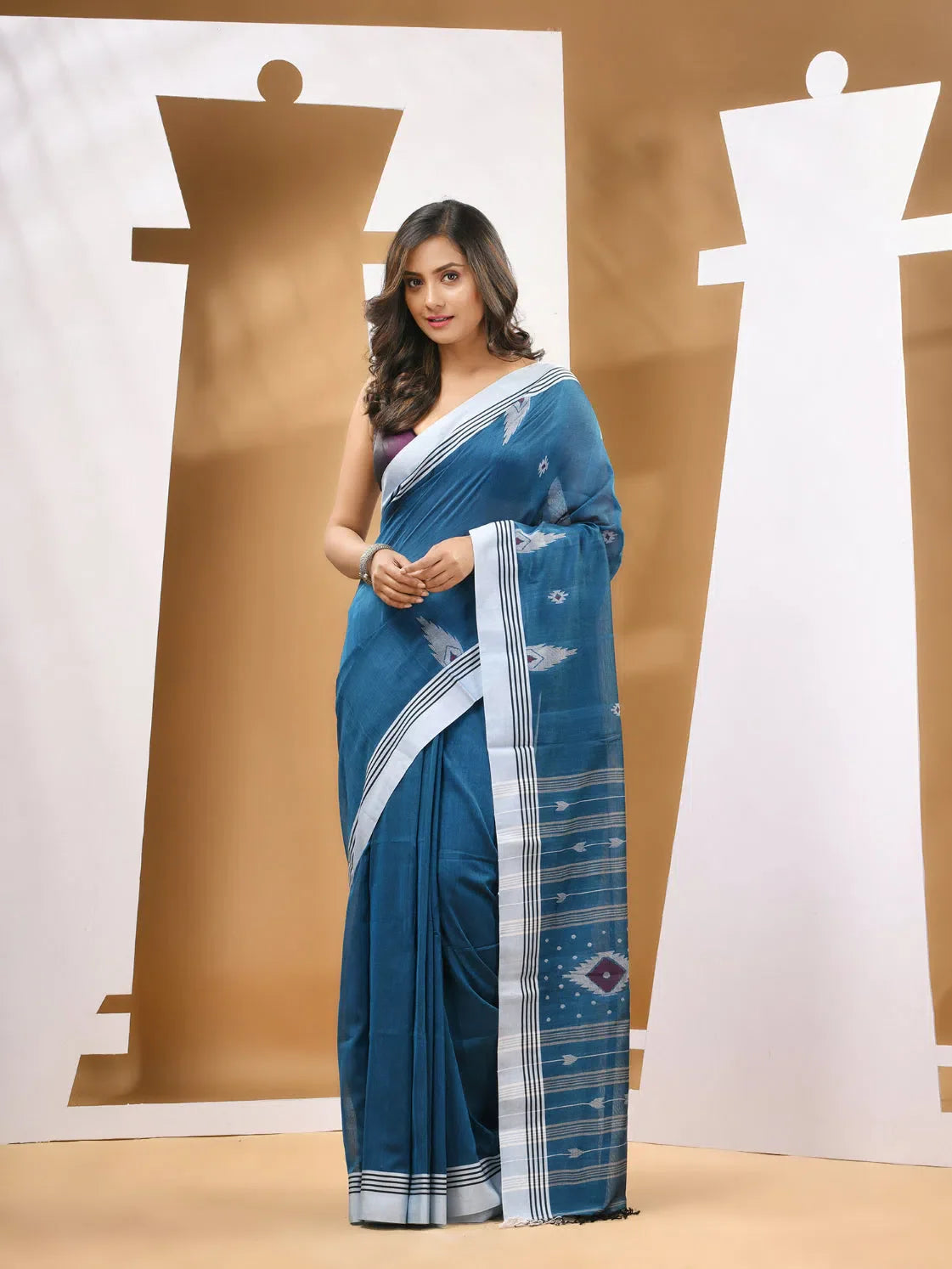 Teal Blue Cotton Handwoven Soft Saree With Texture Motifs-MA53CT041490072