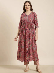 Women Anarkali Pink Floral Kurta and Trousers SetKC-052597-Pink