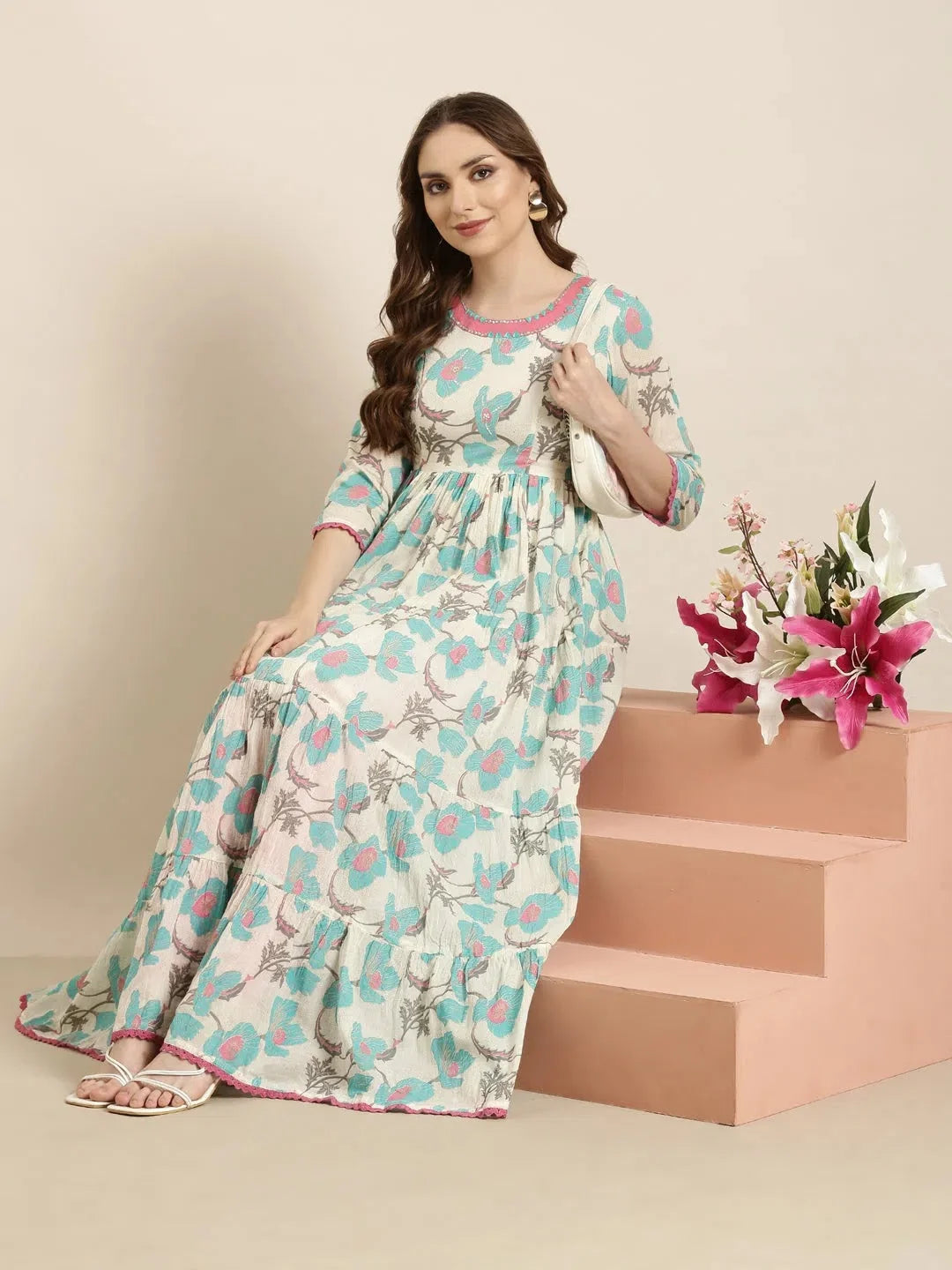 Turquoise Blue Floral Anarkali Kurta | Women's Anarkali Suit
