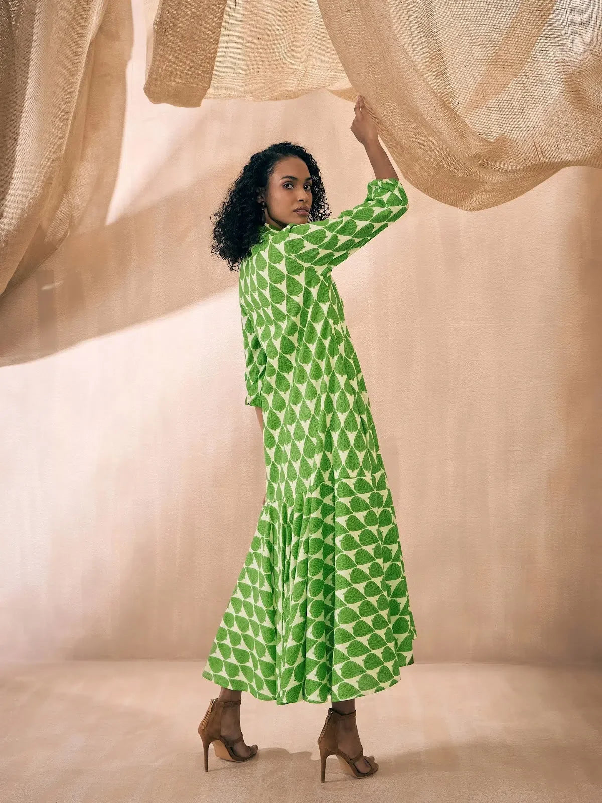Green Leaf Print Midi Dress | Women's Button Front Lehenga Look