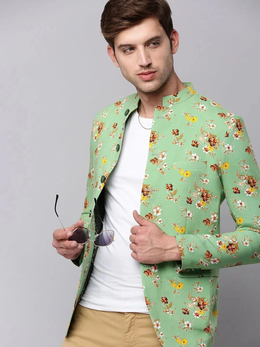 Men's Green Printed Blazer - Stylish Ethnic Nehru Jacket