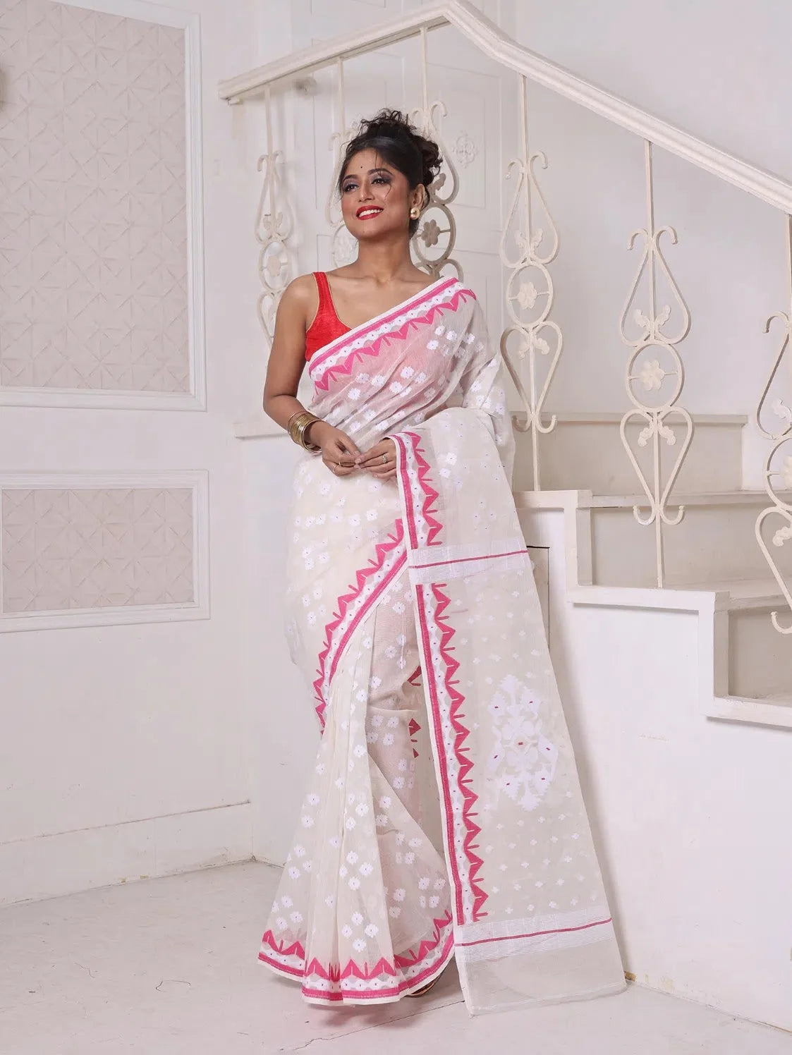 Off White Cotton Jamdani Saree | Indian Sarees