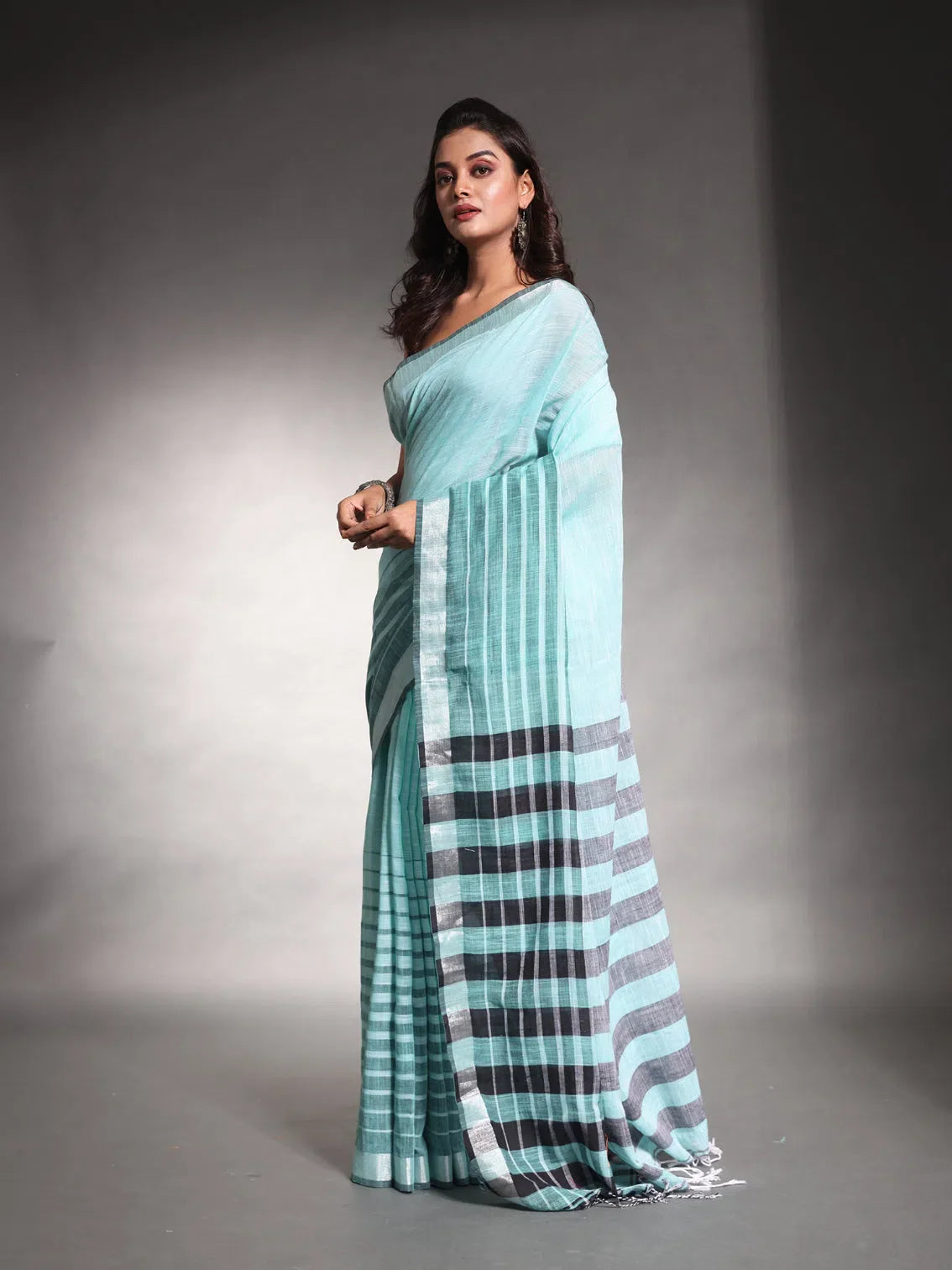Sea Green Pure Cotton Soft Saree With Stripes Pattern-MA54CT33580101