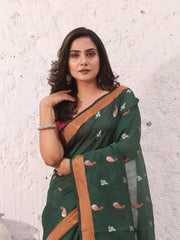 Pine Green Cotton Saree With Zari Border-MA54BCT041380036