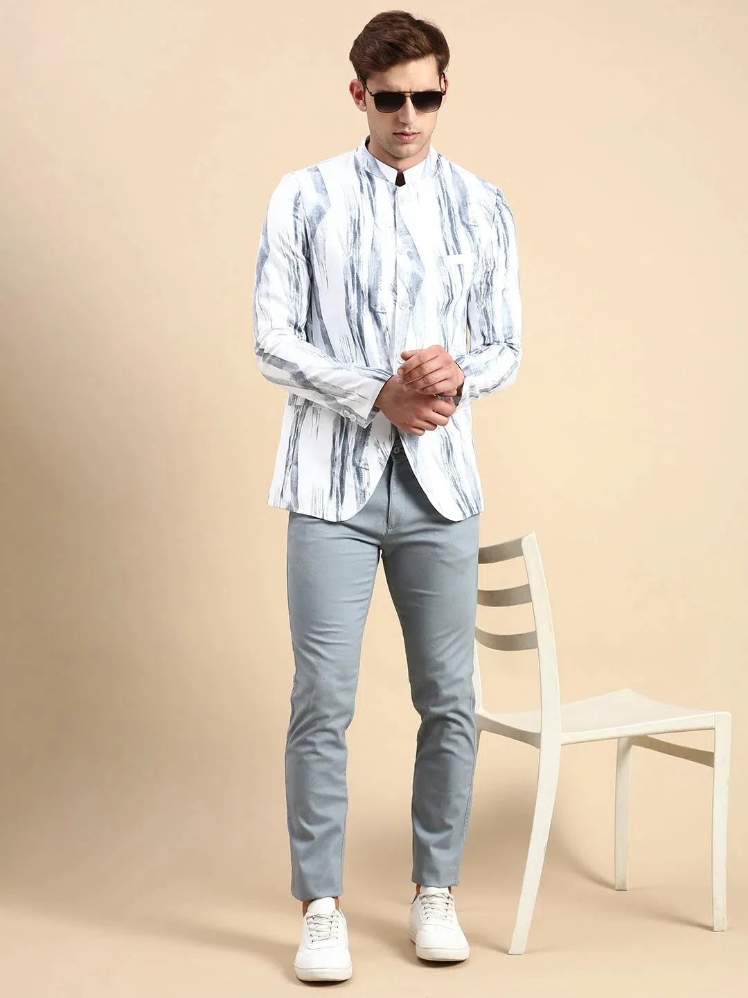 White Printed Party Blazer for Men | Ethnic Nehru Jacket Style