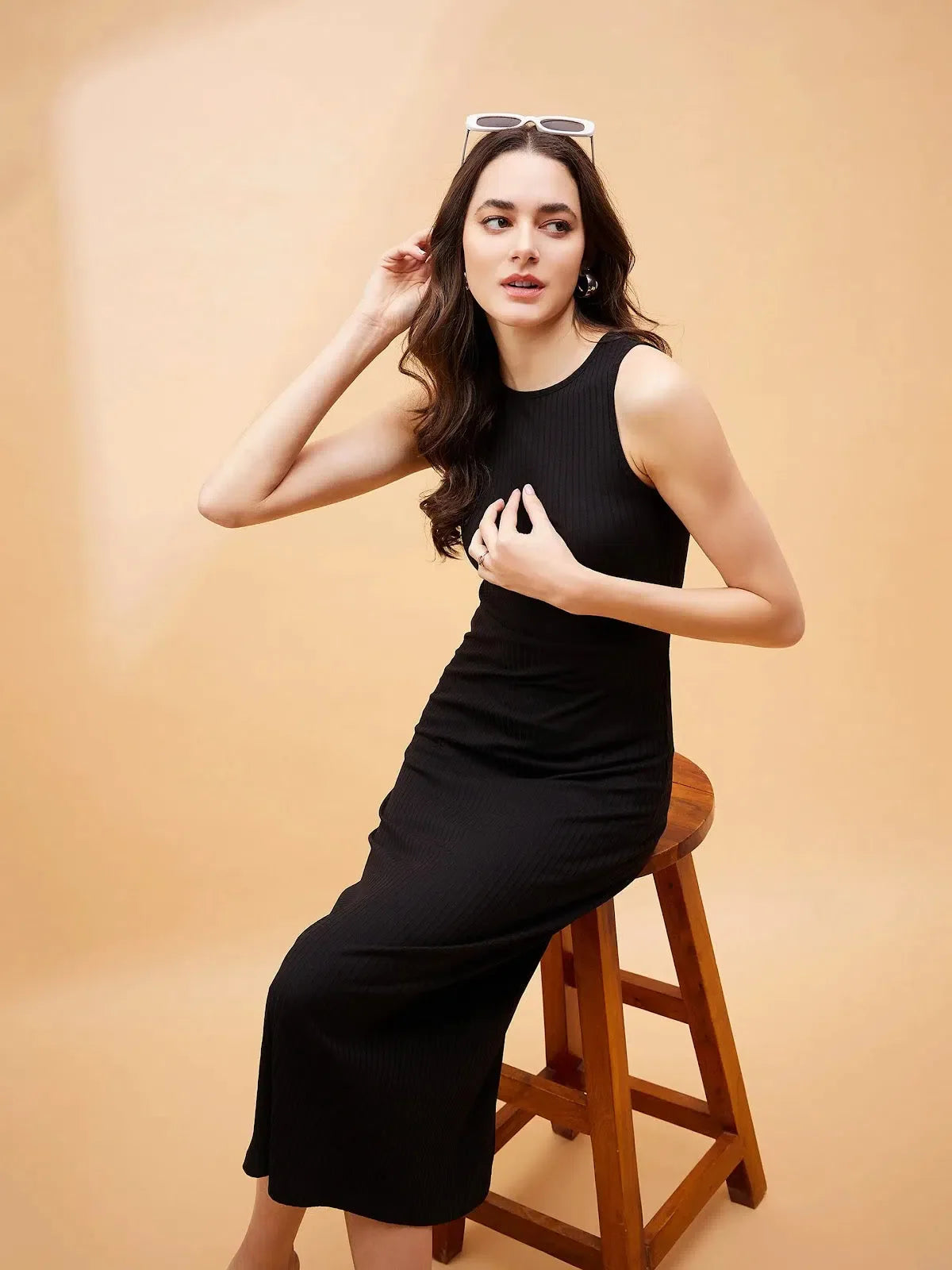 Black Rib Cut-Out Dress | Women's Midi Cotton Bodycon Dress