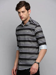 Men Green Striped Casual Shirt-LARGEPRINT-2085-Olive
