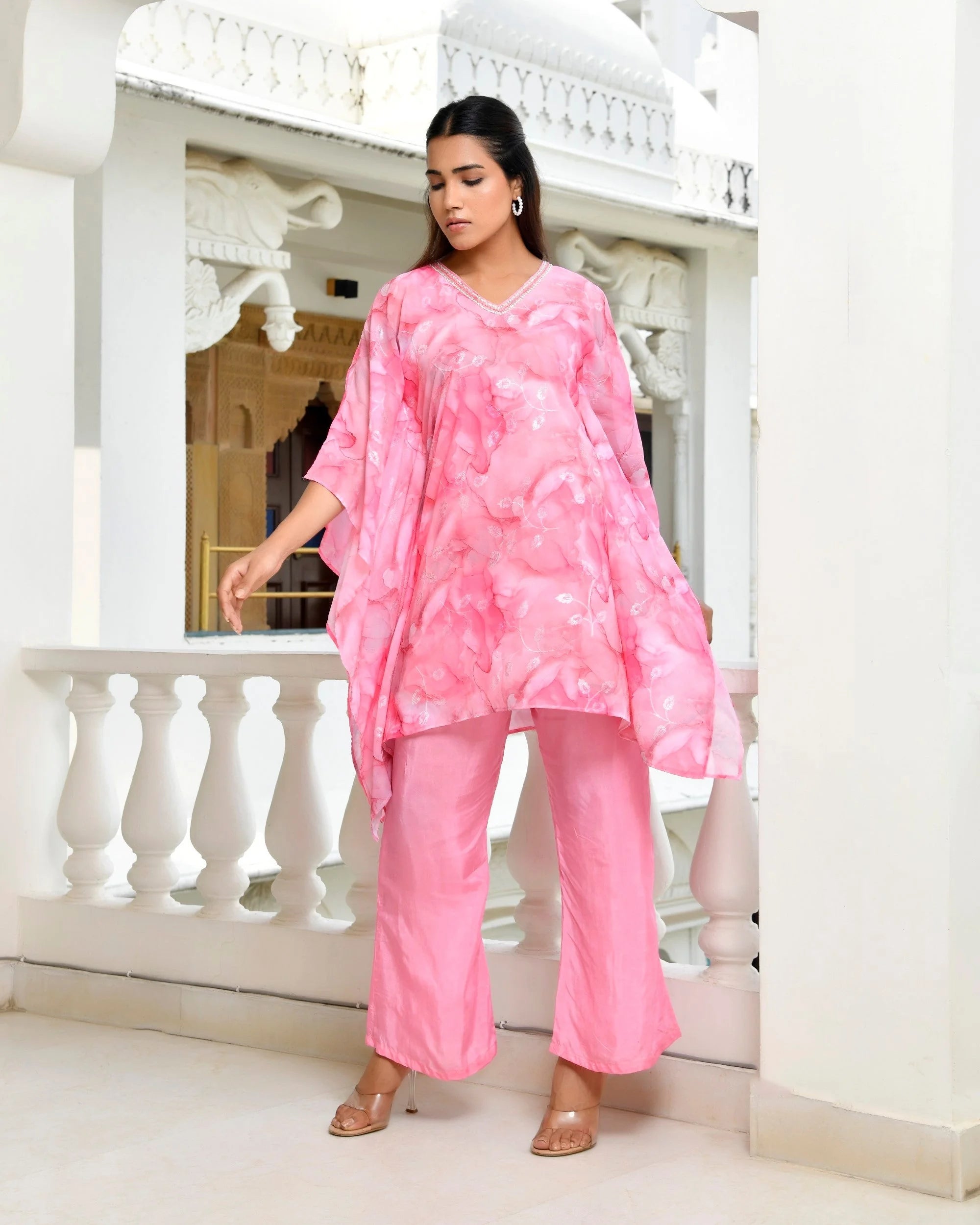Pink Marble Print Kaftan Set - Women's Kaftan Dresses Online