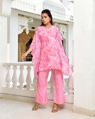 Women Pink Georgette Marble Print Kaftan Pant Set-154VAASCANDY