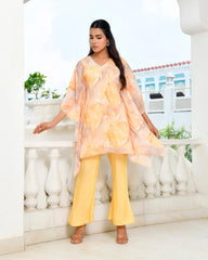 Women Lemon Georgette Marble Print Kaftan Pant Set-154VAASLEMON
