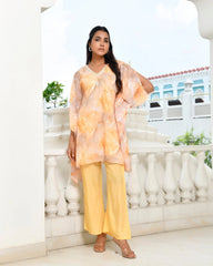 Women Lemon Georgette Marble Print Kaftan Pant Set-154VAASLEMON
