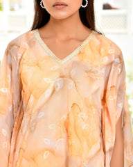 Women Lemon Georgette Marble Print Kaftan Pant Set-154VAASLEMON