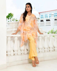 Women Lemon Georgette Marble Print Kaftan Pant Set-154VAASLEMON