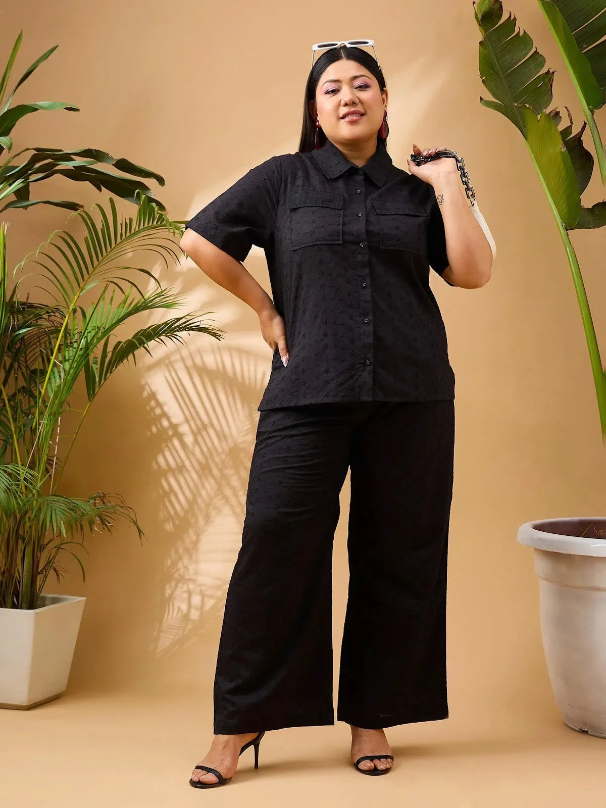 Women's Black Schiffli Cotton Co Ord Sets - Shirt & Pants