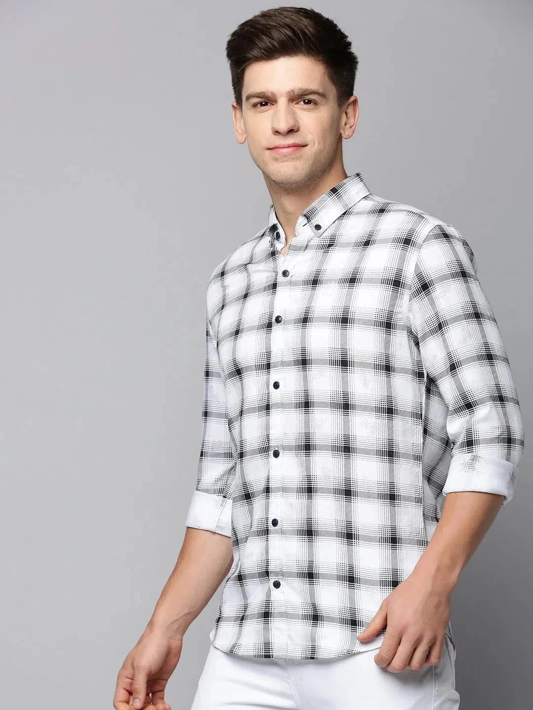 Men's White Checked Cotton Shirt | Casual & Stylish