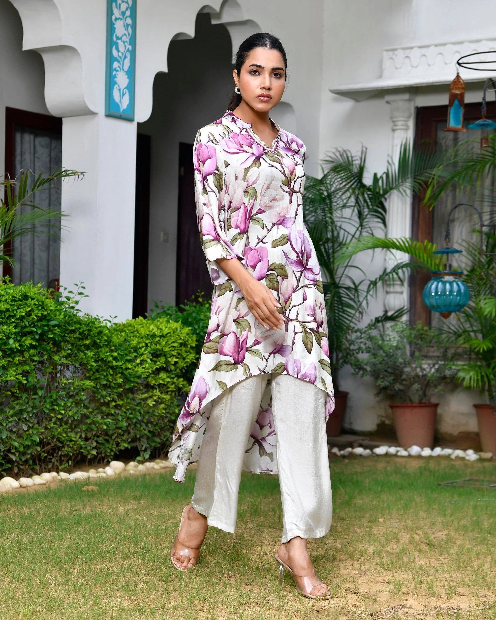 Cream Printed Cord Set: Stylish Kaftans and Pants for Women