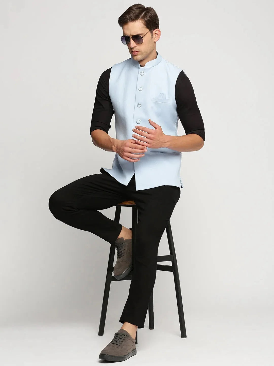 Turquoise Nehru Jacket - Men's Cotton Kurta Pajama Set Alterna...