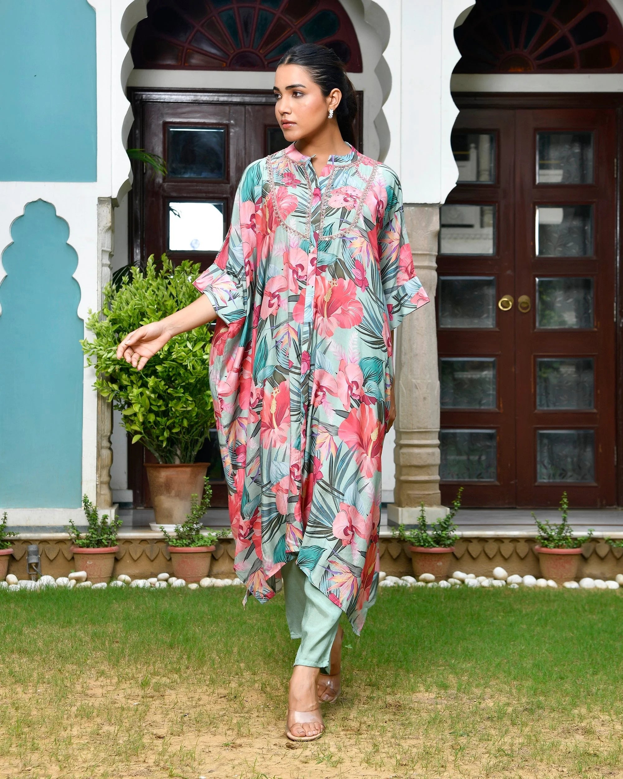 Aqua Printed Kaftan Pant Set: Women's Resort Wear Kaftans