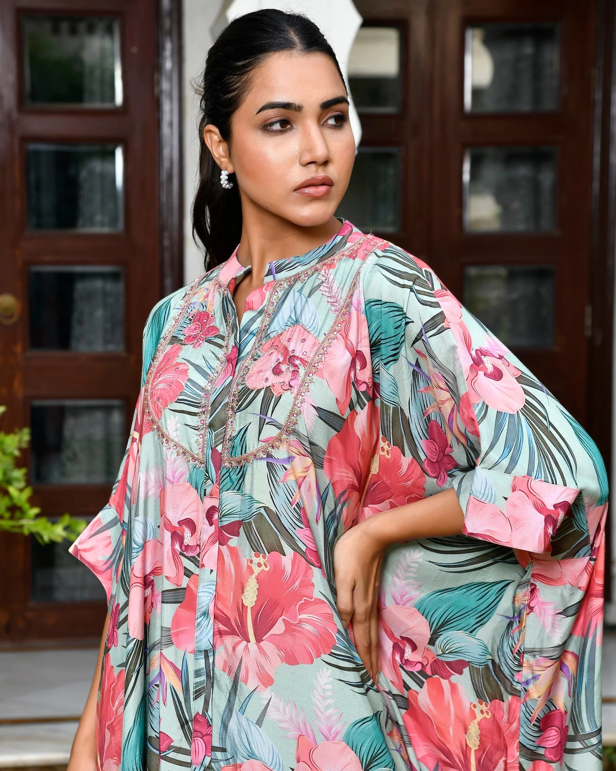 Aqua Printed Kaftan Pant Set: Women's Resort Wear Kaftans