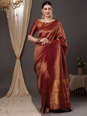 Women's Blend Burgundy Woven Design Designer Saree With Blouse Piece-15ALEKHA1502