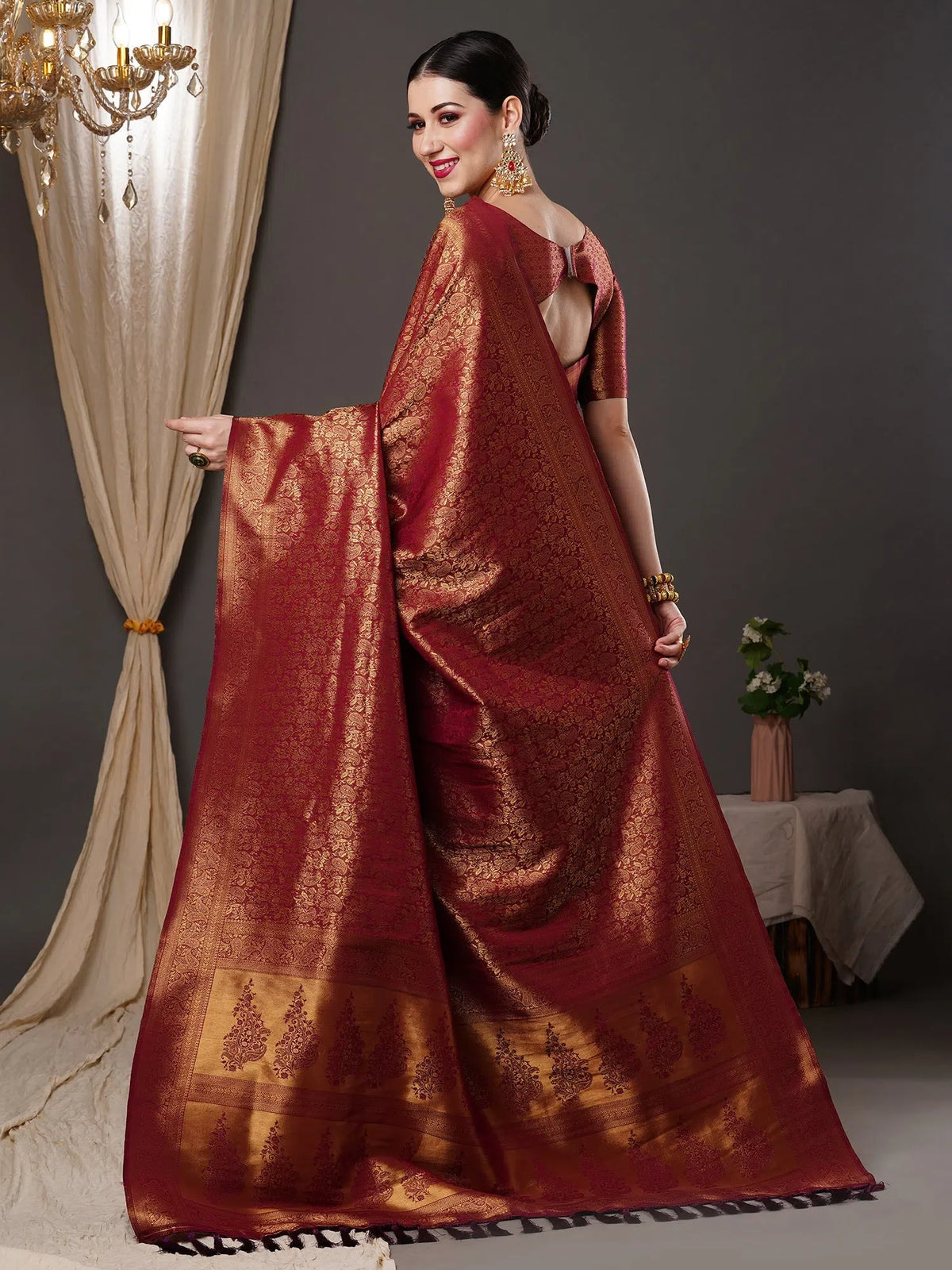 Women's Blend Burgundy Woven Design Designer Saree With Blouse Piece-15ALEKHA1502