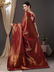 Women's Blend Burgundy Woven Design Designer Saree With Blouse Piece-15ALEKHA1502