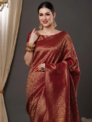 Women's Blend Burgundy Woven Design Designer Saree With Blouse Piece-15ALEKHA1502