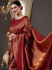 Women's Blend Burgundy Woven Design Designer Saree With Blouse Piece-15ALEKHA1502