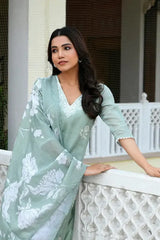 Women Green Kota Doria Embroidered Solid Kurta Set With Solid Pants & Printed Dupatta-144-Vaas-Green