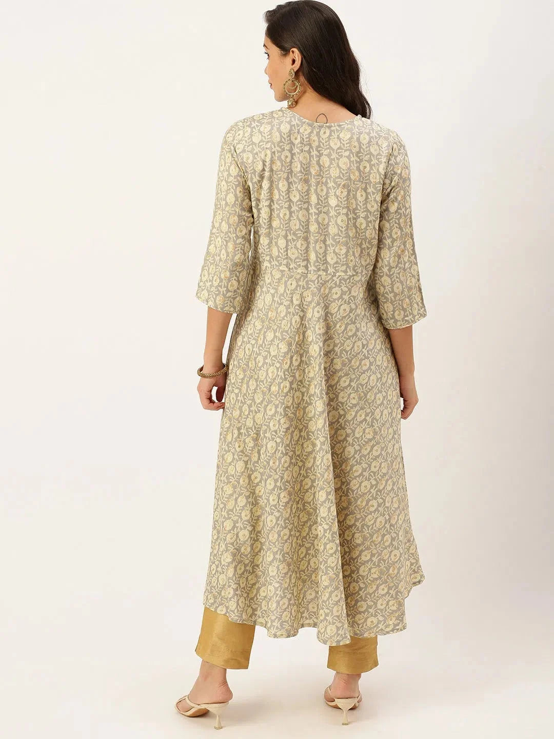 Grey Printed A-Line Kurtas for Women - Indian Kurta Online
