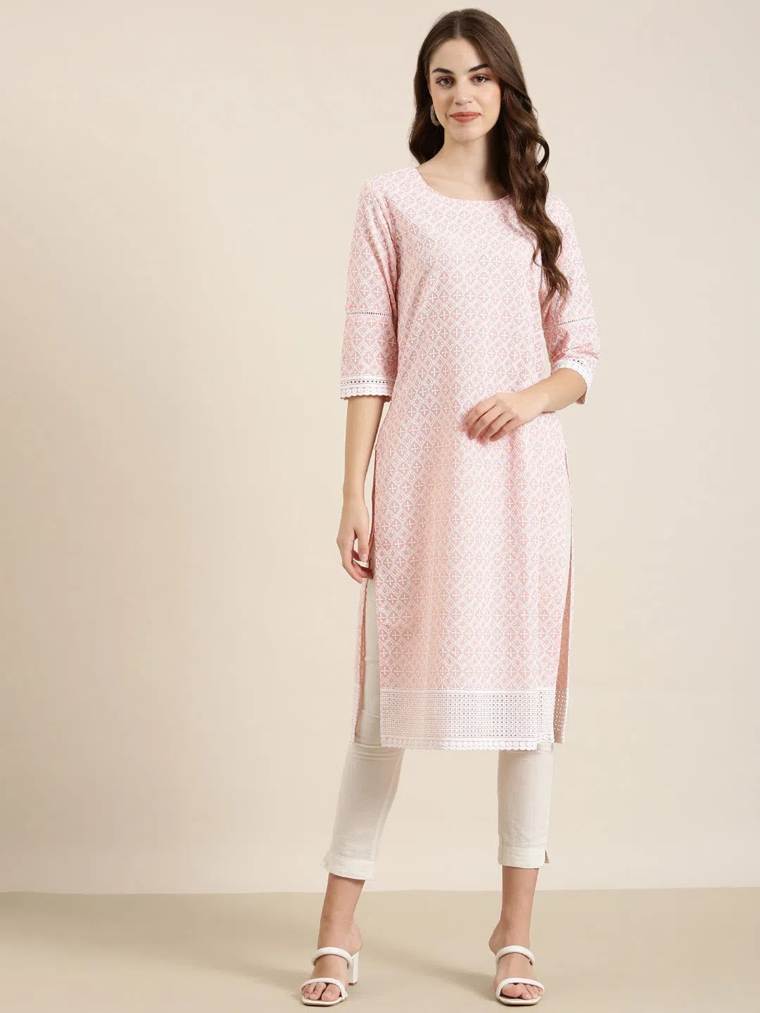 Peach Embellished Indian Kurtis | DesiQlo Cotton Kurta