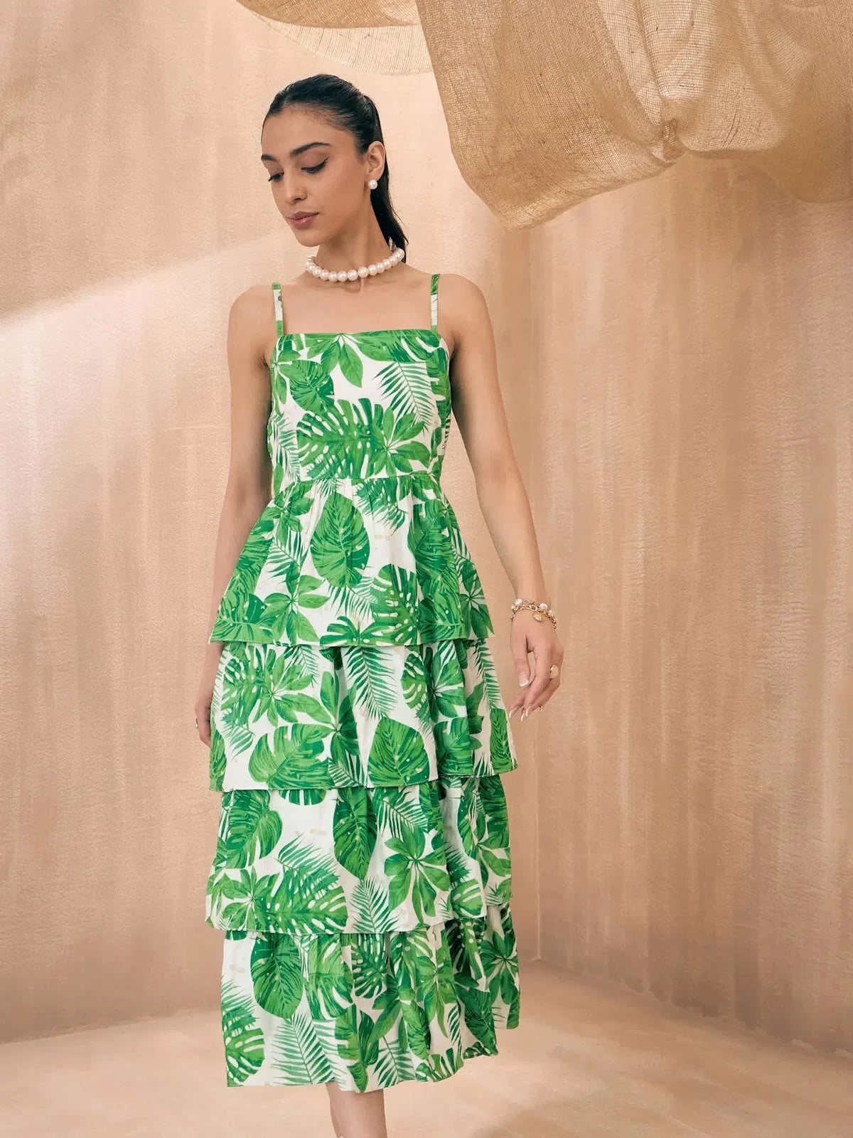 leaf print midi dress Tropical Sketch Leaf Print Midi Dress | Trendy Women's Dress