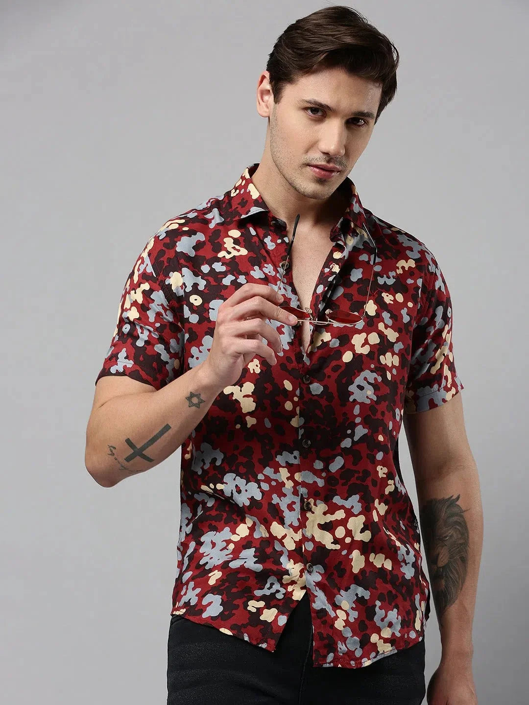 Maroon Printed Mens Shirt - Cotton Casual Shirt by DesiQlo