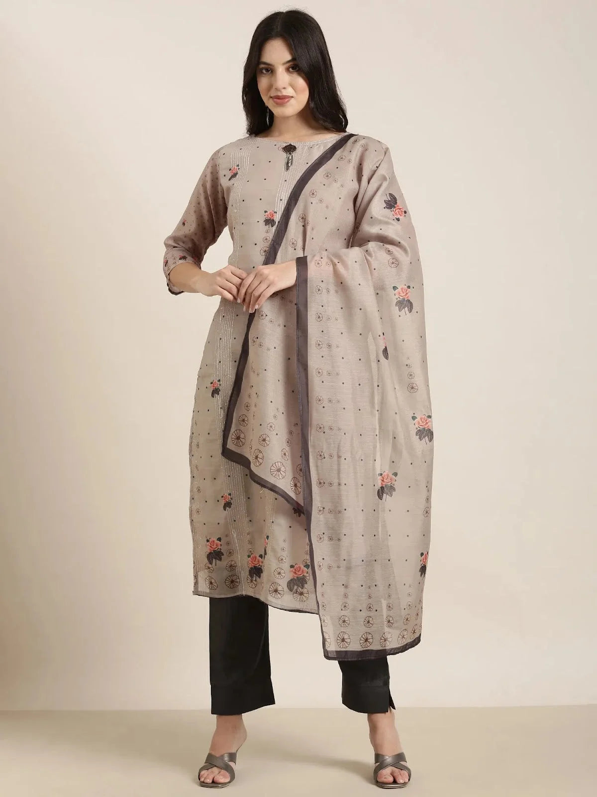 Olive Floral Cotton Kurta Set with Dupatta | Women's Indian Sets