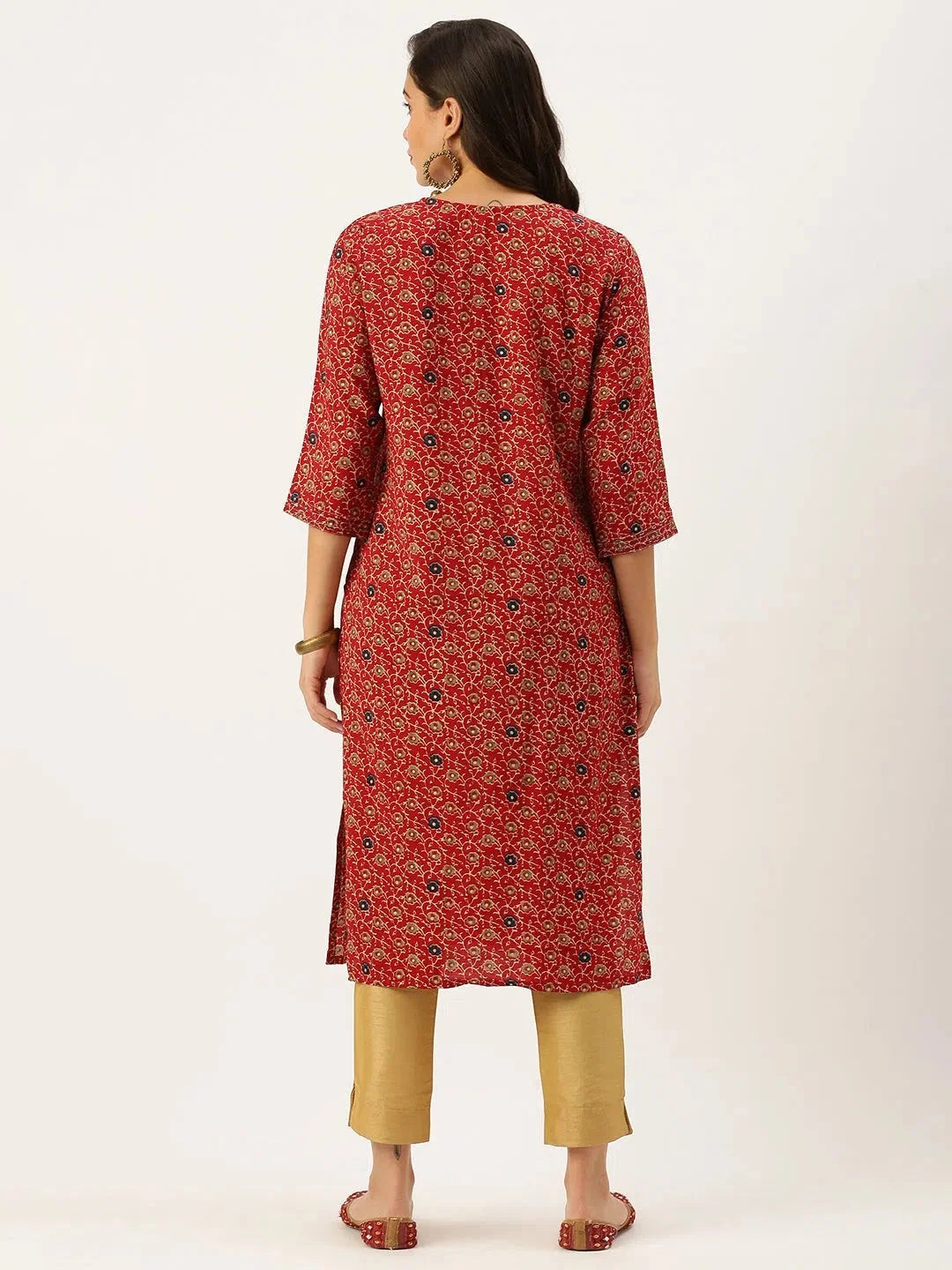 Red Printed Straight Indian Kurta for Women - Cotton Fabric