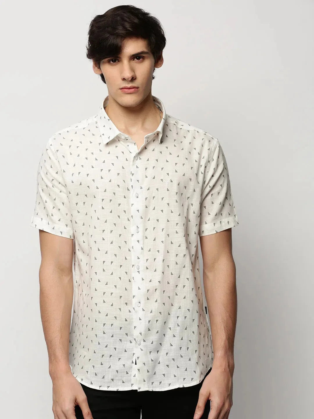 White Geometric Print Mens Shirt - Cotton Casual Shirt