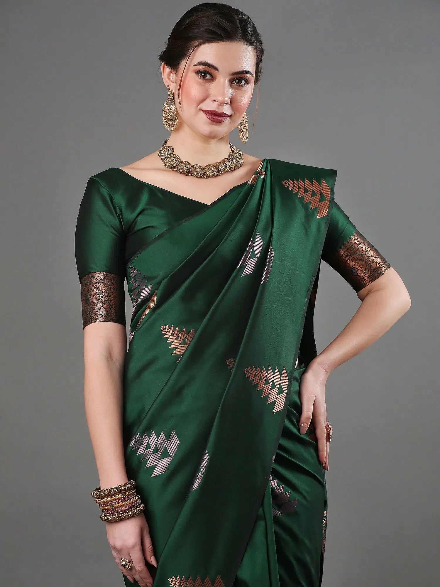 Classic Green Woven Polyester Saree with Blouse | Stylish Indian Sarees
