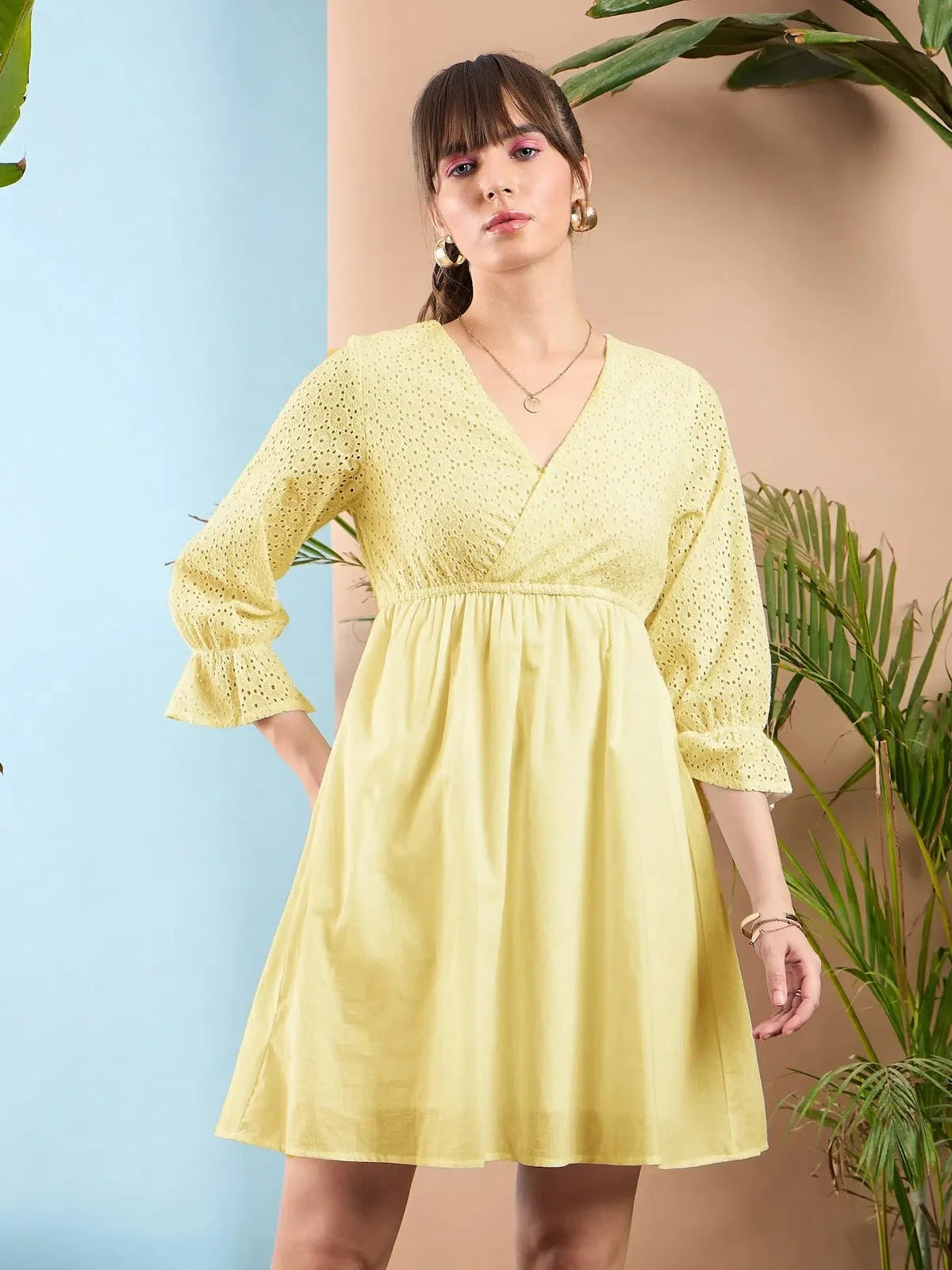 Lemon Yellow Schiffli Shift Dress | Women's Cotton Dress
