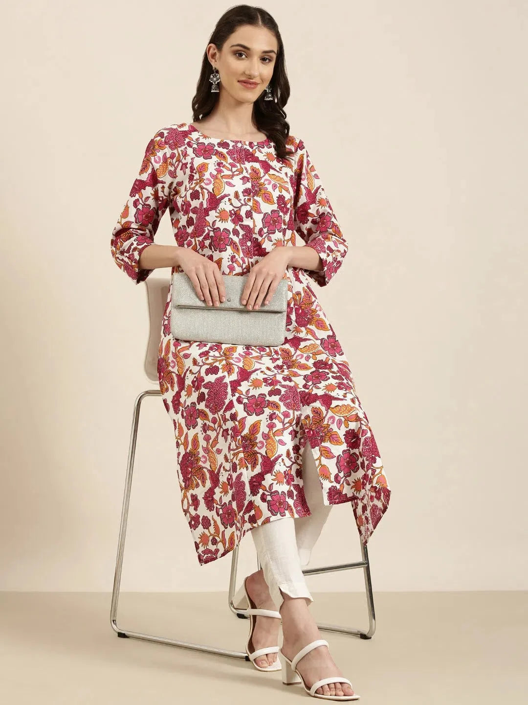 White Floral A-Line Indian Kurta | DesiQlo Indian Kurtis