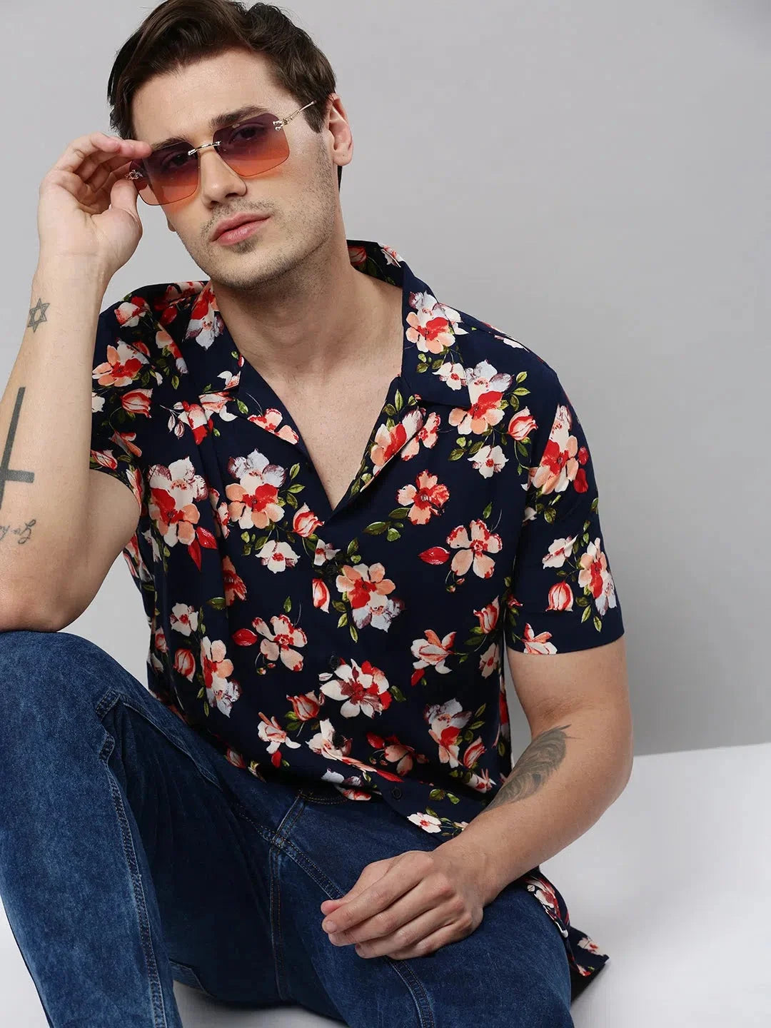 Men Navy Printed Casual Shirt-RESORTPRINT-5290-Navyblue