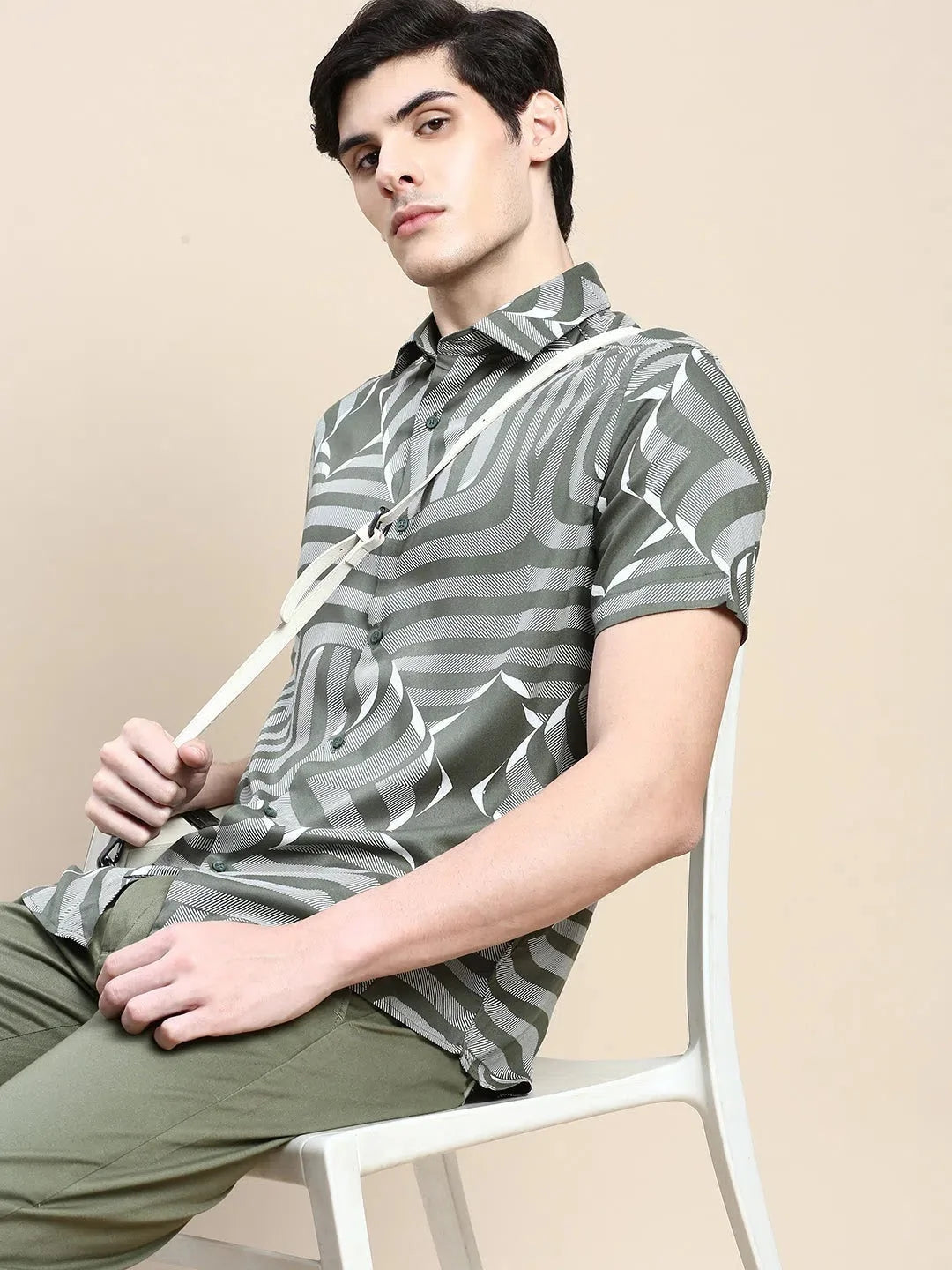 Men Green Graphics Casual Shirt-GEORGE-1609-Olive