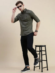 Men Green Solid Casual Shirt-SWALLOW-1768-Olive