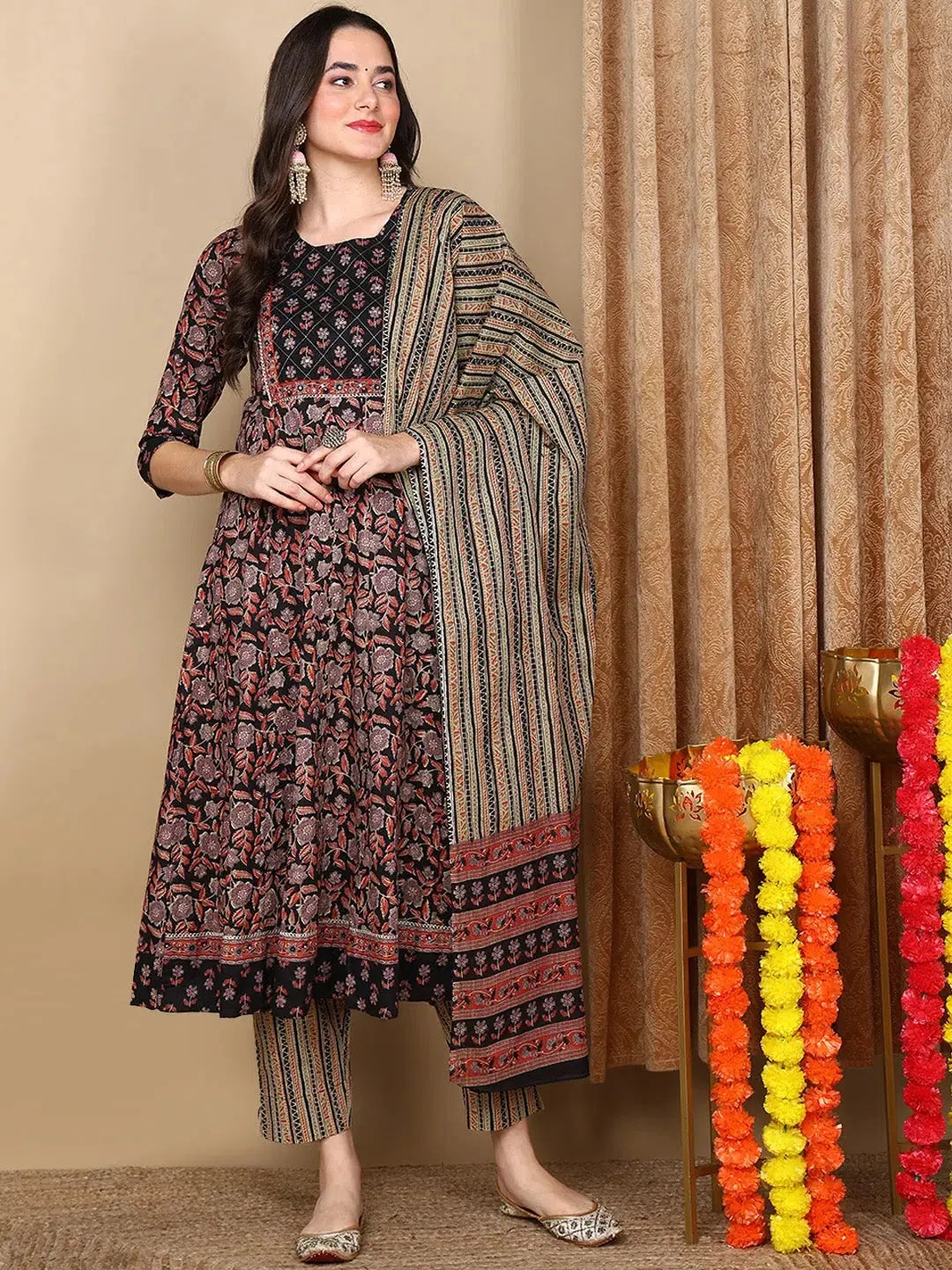 Beige Cotton Floral Anarkali Kurta Set | Designer Kurta Sets